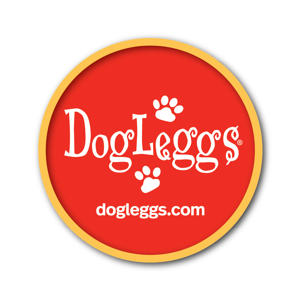 DogLeggs logo with red circle and gold border on a white background