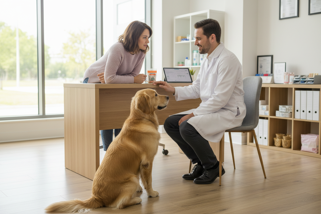 dog owner talking to veterinarian about insurance