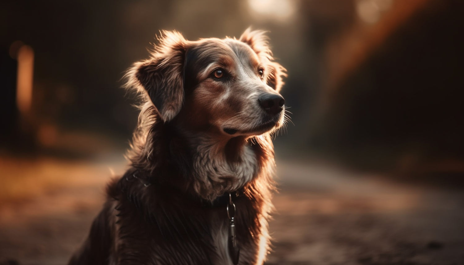 Dog sitting outdoors with a warm, blurred background