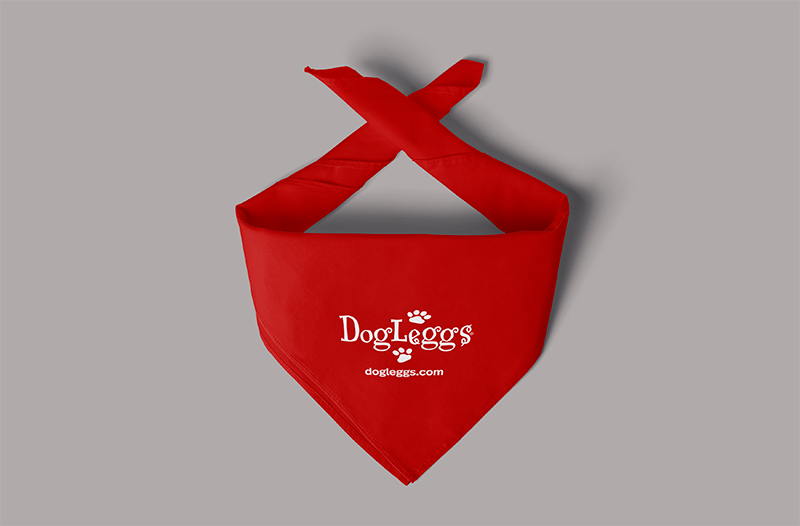 Red bandana with 'DogLeggs' logo on a gray background