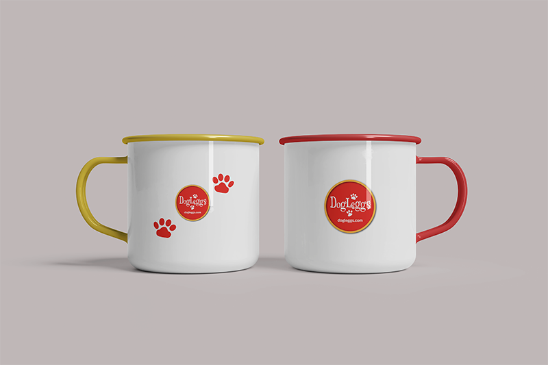 Two white mugs with red interior and handle, featuring a logo and text on a gray background.