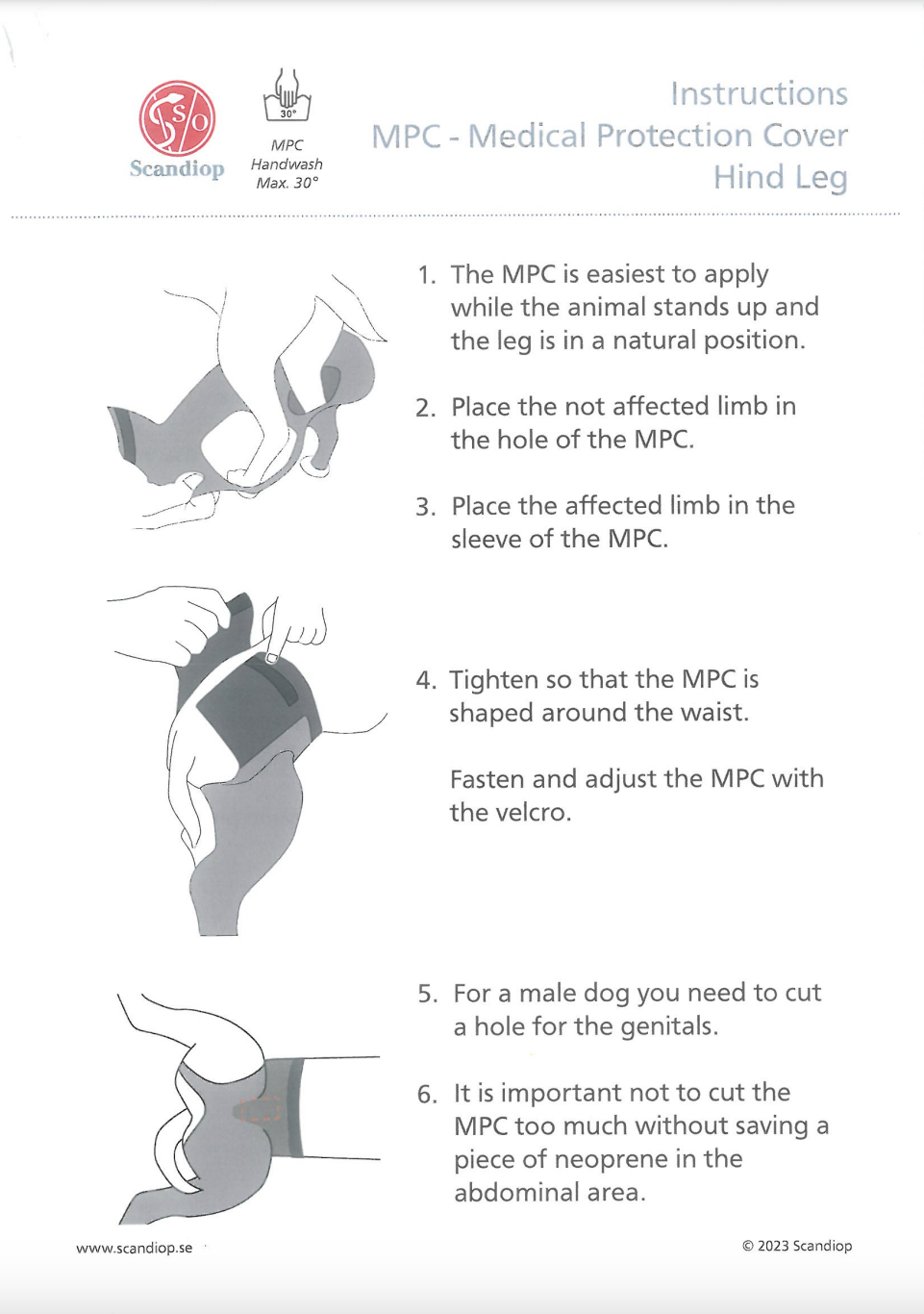 Instructions for using a Medical Protection Cover on a hind leg with Scandicp branding.