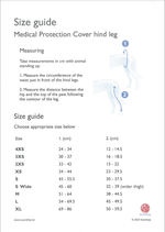 Size guide for medical protection cover hind leg with measurements and measurements instructions.