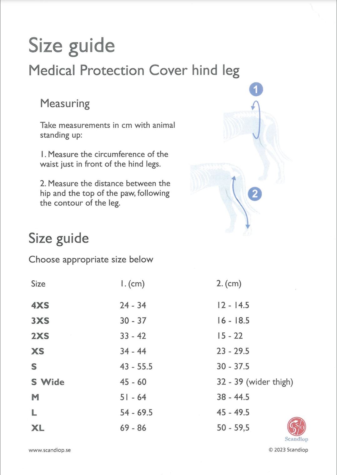 Size guide for medical protection cover hind leg with measurements and measurements instructions.