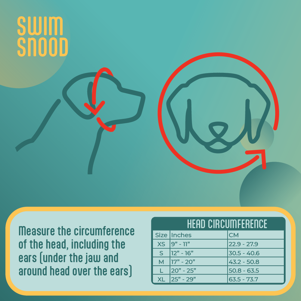 Instructions for measuring a dog's head circumference with a swim snood, featuring a size chart on a teal background.