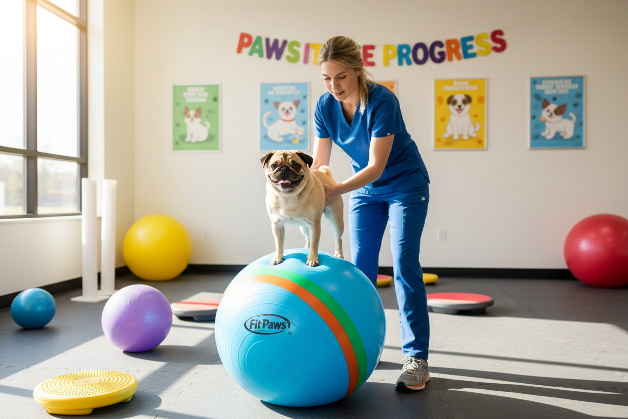 Woman with a pug with swimmer puppy syndrome doing physical therapy on a large exercise ball in a room with colorful equipment and a poster