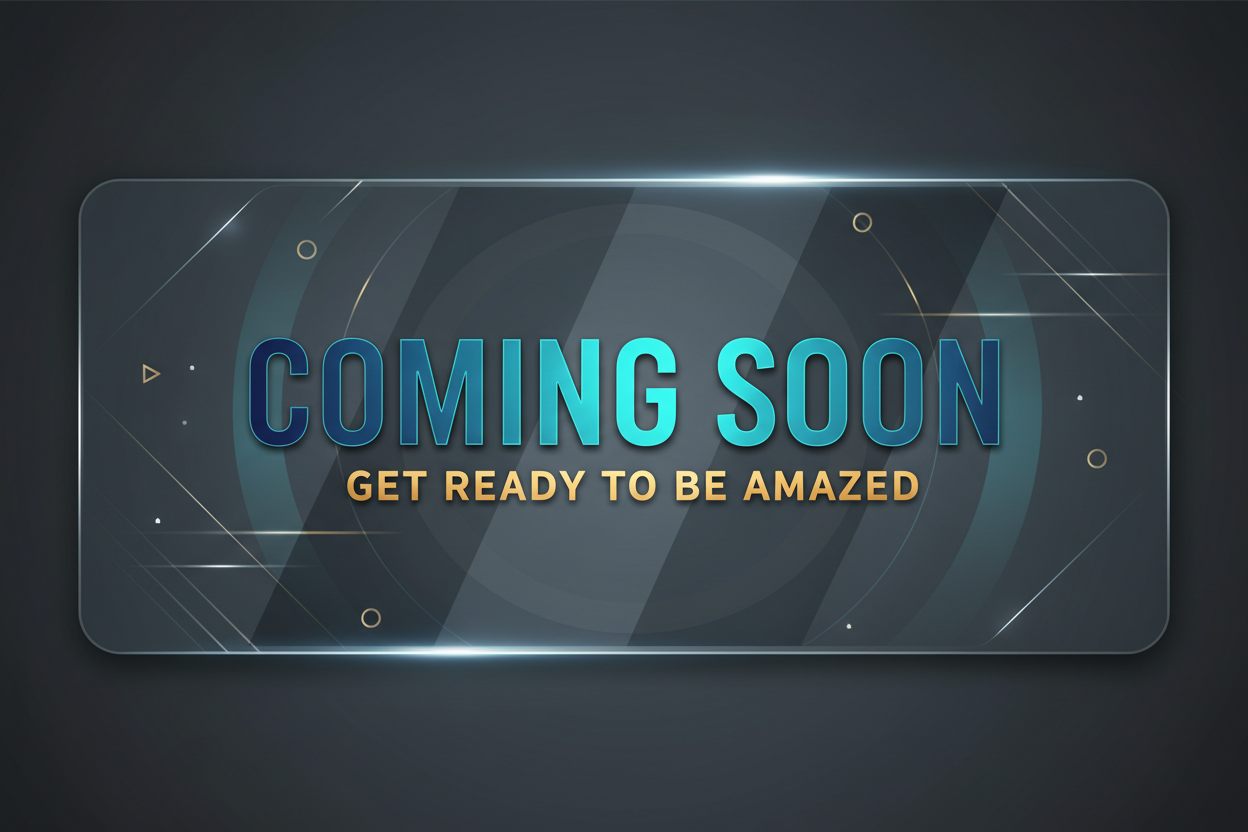 Coming soon announcement with futuristic design on a dark background