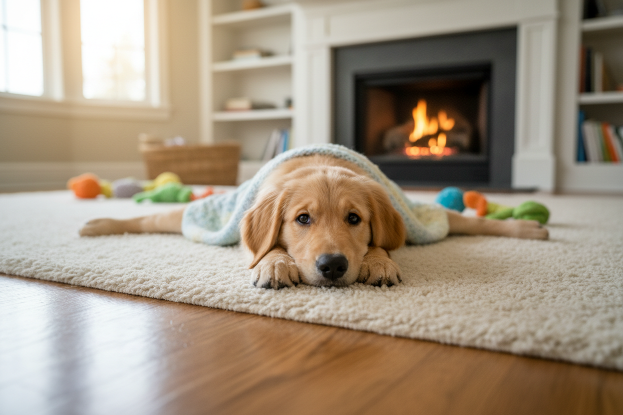 Puppy lying on a rug doing the splits in a cozy living room with a fireplace.