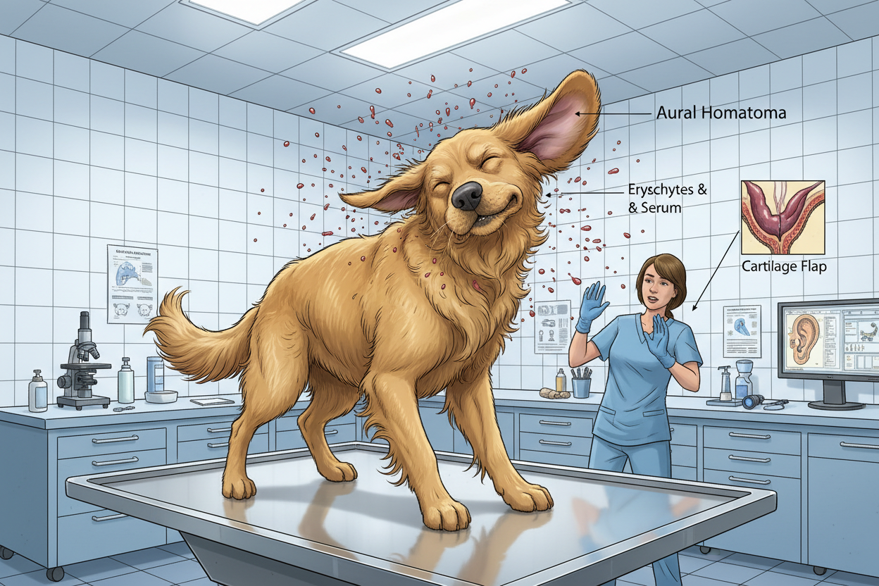 Cartoon image of dog in veterinary clinic shaking its ear with an ear hematoma, while splashing blood everywhere as the veterinarian is protecting herself