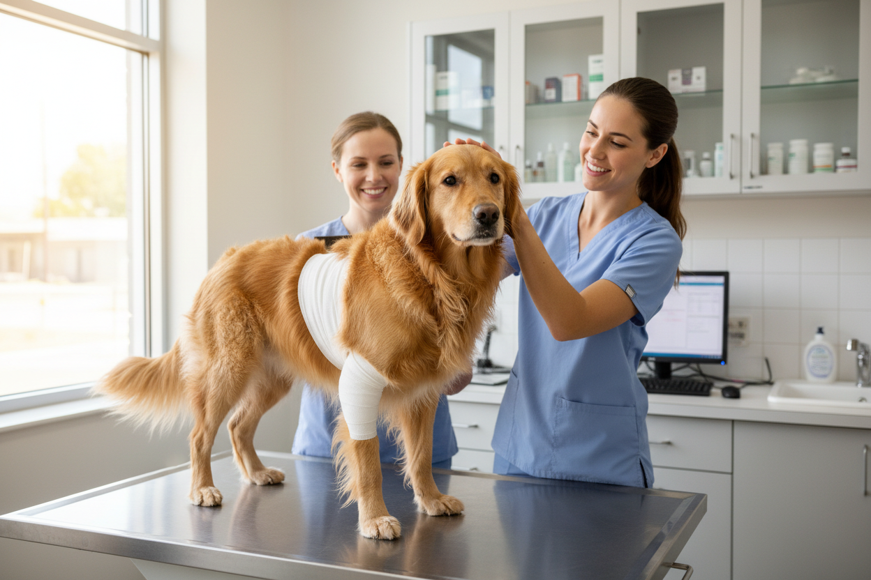 Dog being bandaged by a veterinarian in a clinic to support its shoulder from MSI
