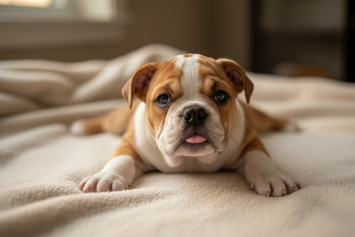 English Bulldog puppy lying on a soft surface, doing the splits with a blurred background