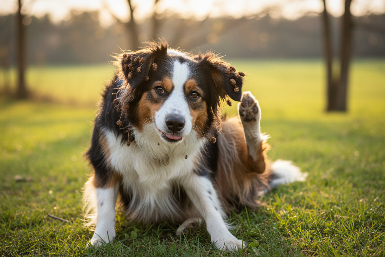 Engilsh sheperd dog clawing at its ear to get stickers out whil sitting on a grassy plain