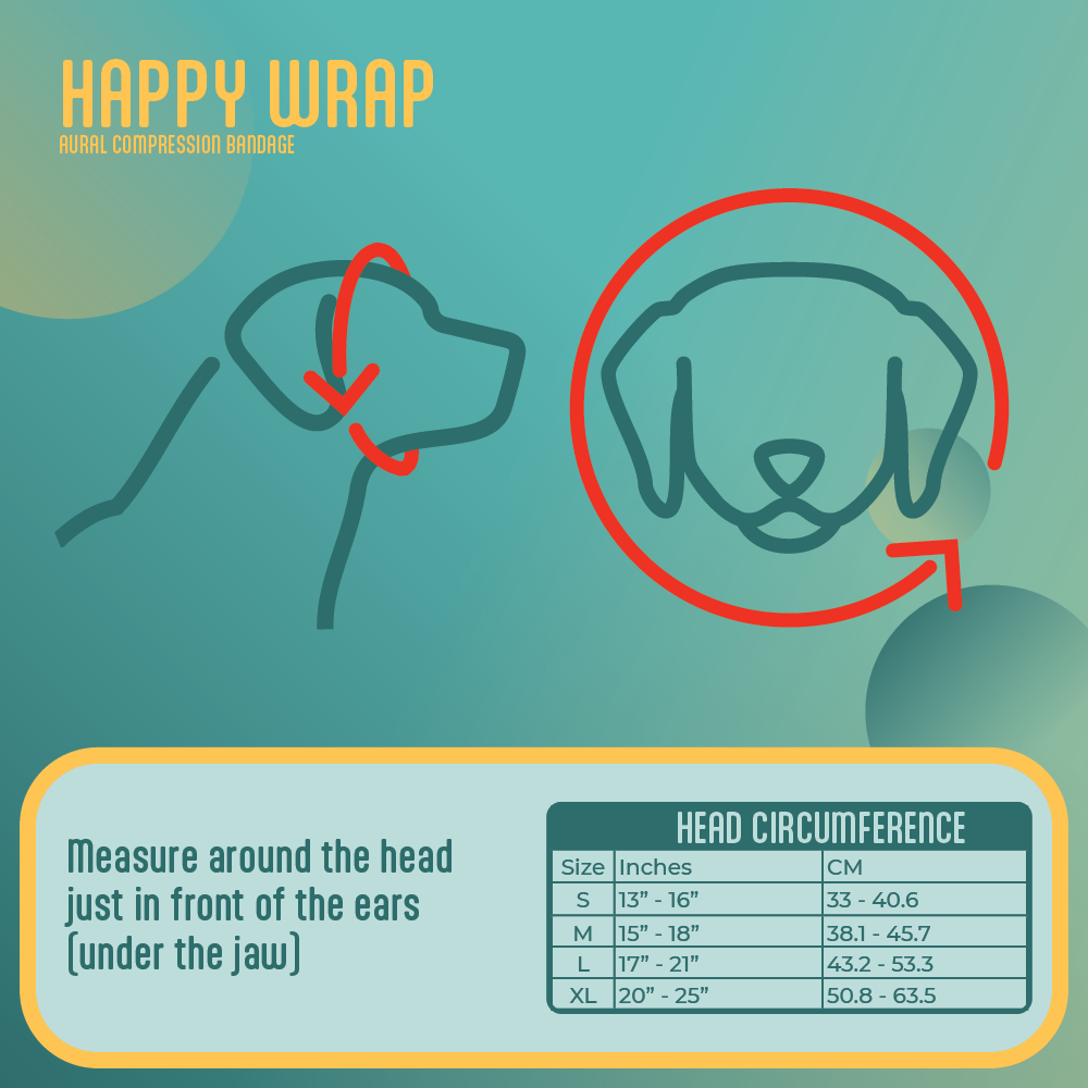 Happy Wrap dog bandage measurement guide with head circumference chart on a teal background
