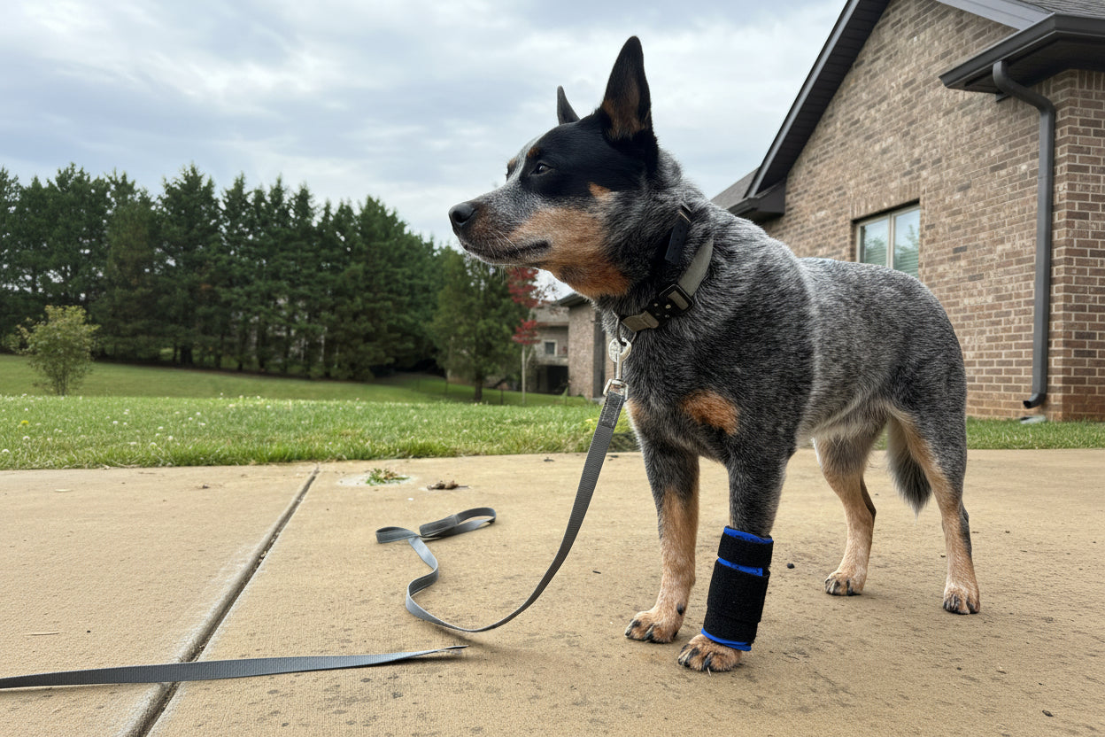 Dog with a wrist brace on its paw on a leash outdoors