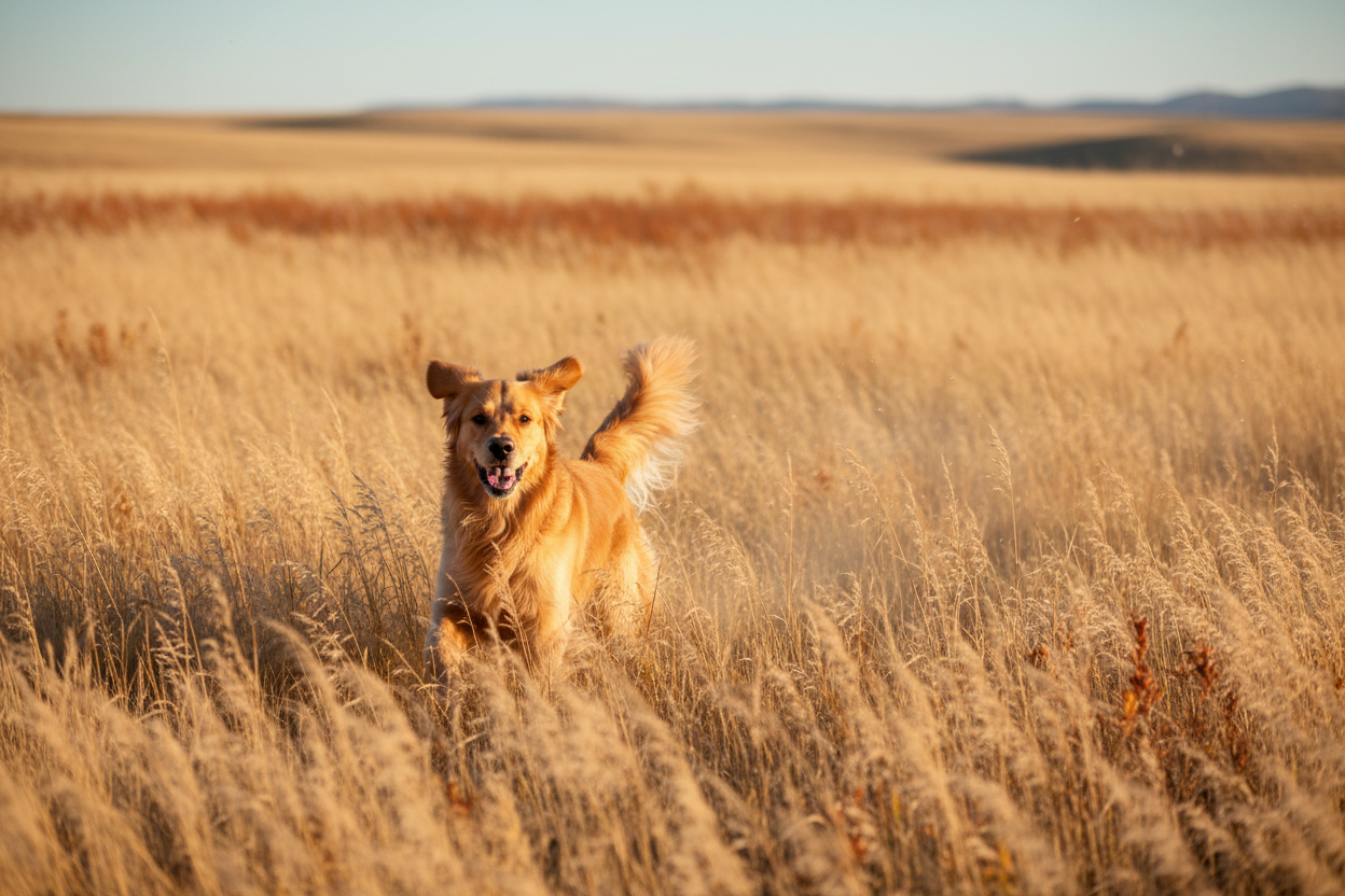 Golden retriever dog running through cheat grass field