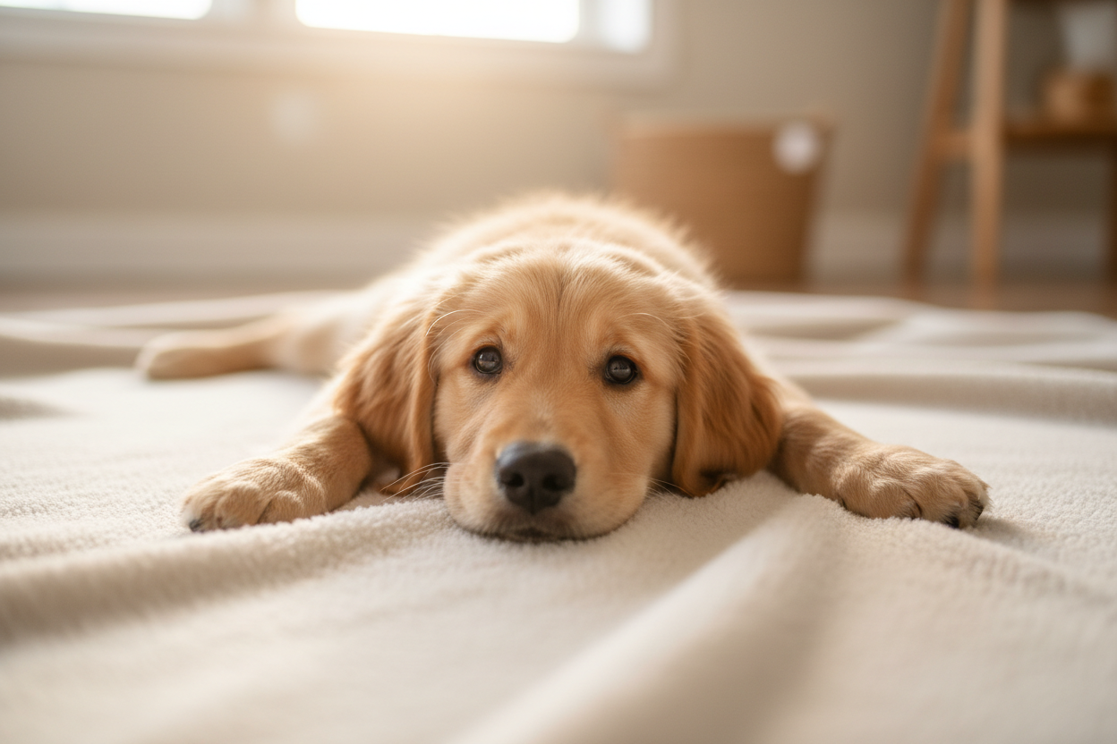 dog with Swimmer Puppy Syndrome laying flat on a blanket