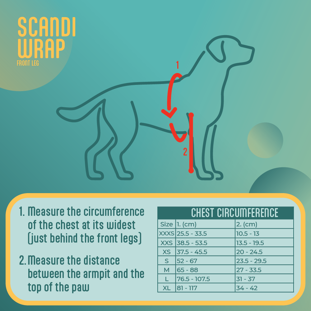 Scandi Wrap dog measurement chart with a dog outline and measurement instructions on a teal background.