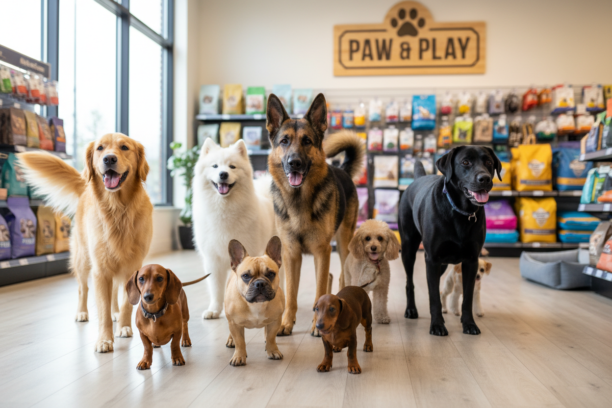 Group of dogs in a pet store with 'Paw & Play' sign in the background