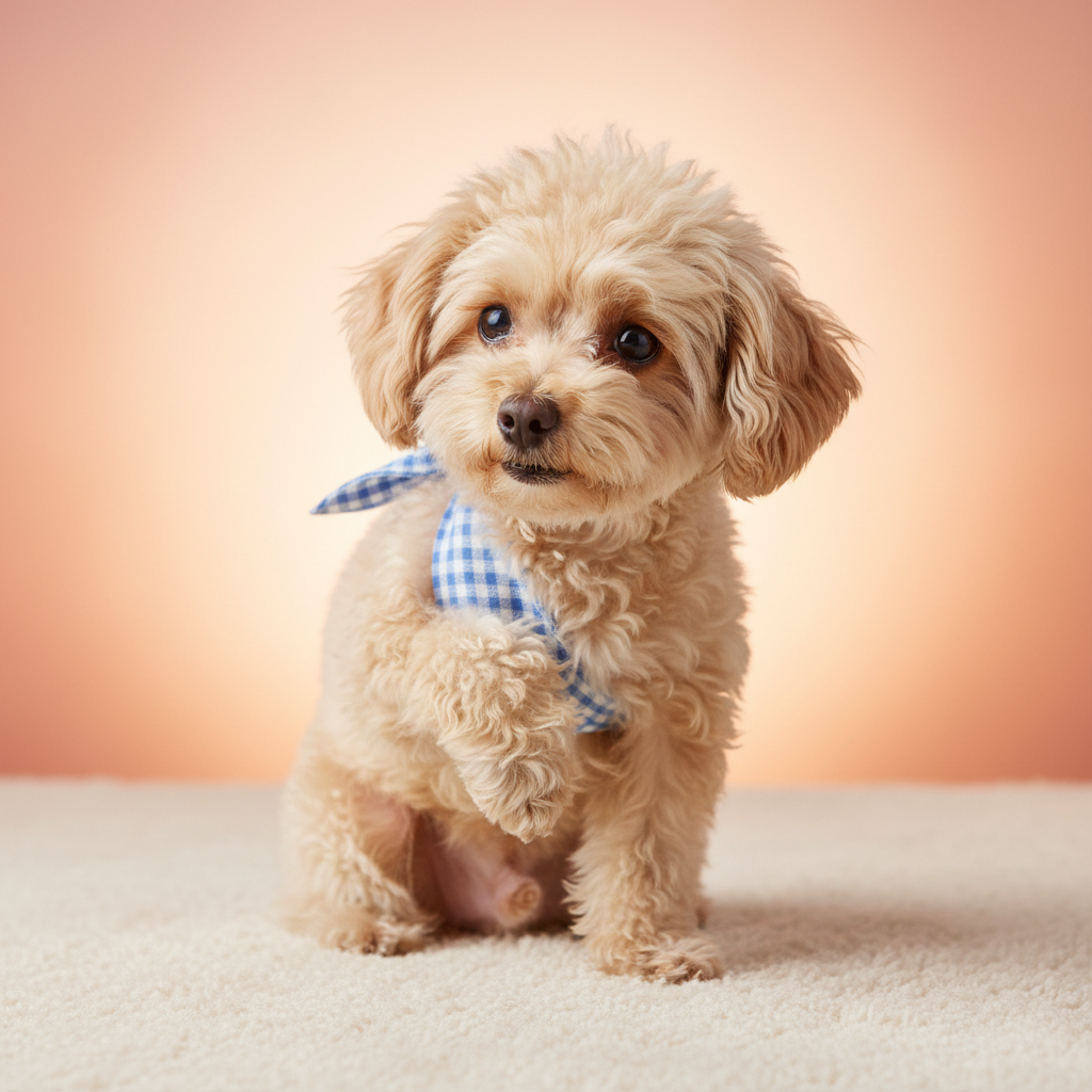 A small dog wearing a blue checkered bandana on a light background while holding up its paw from a shoulder dislocation