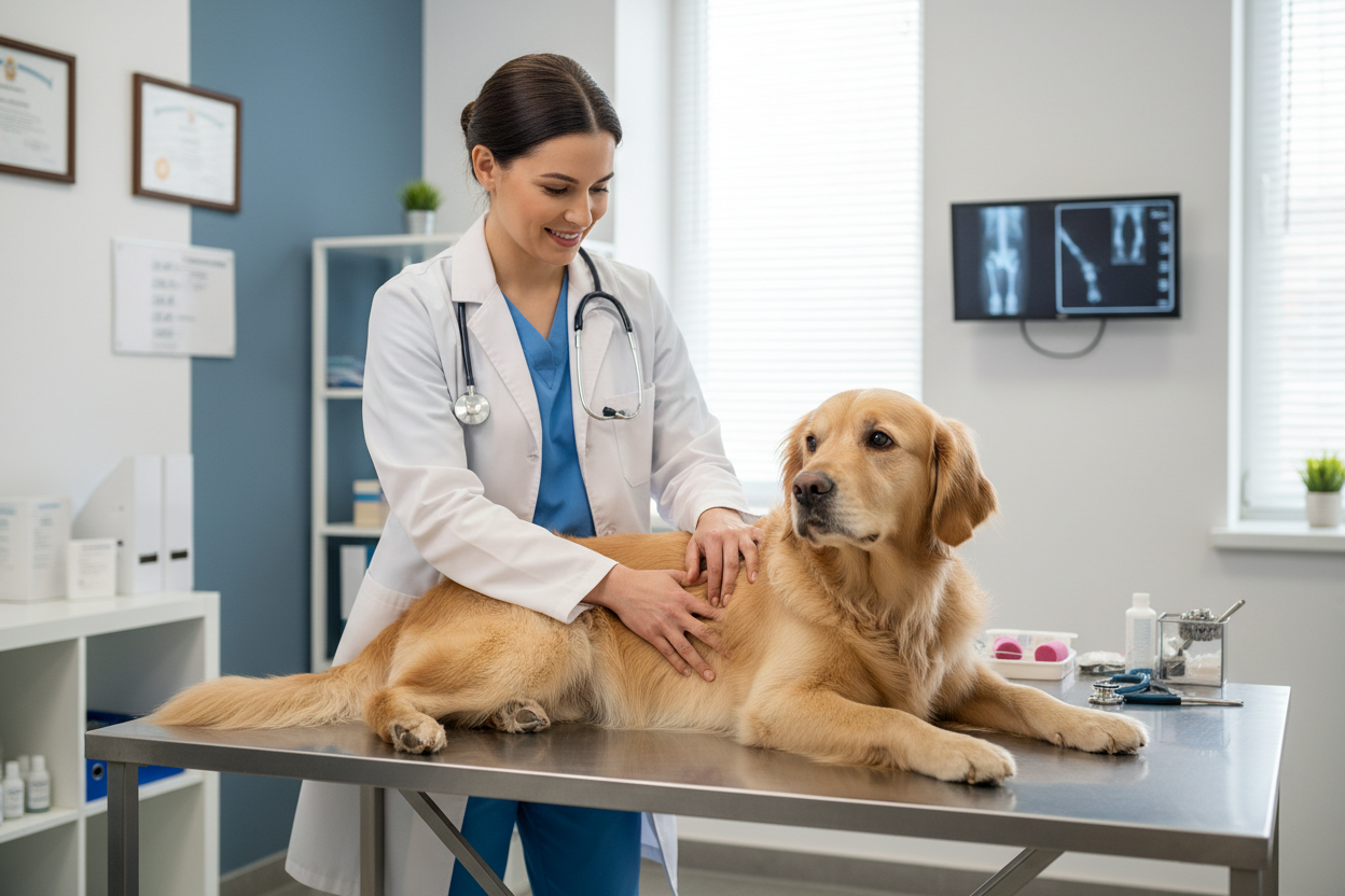 A veterinarian examining a dog for hip dysplasia on an examination table in a clinic.