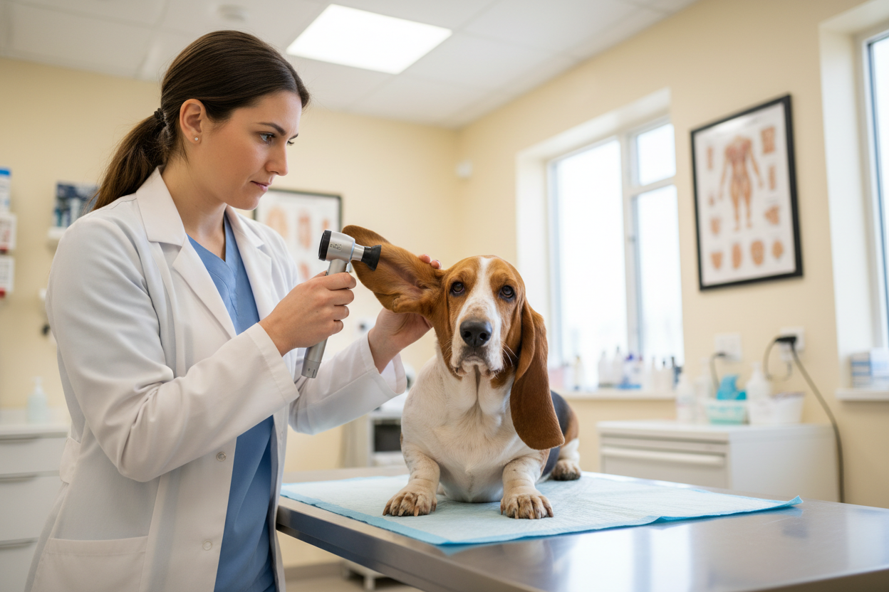A veterinarian examining a dog's ear for an ear infection in a clinic setting