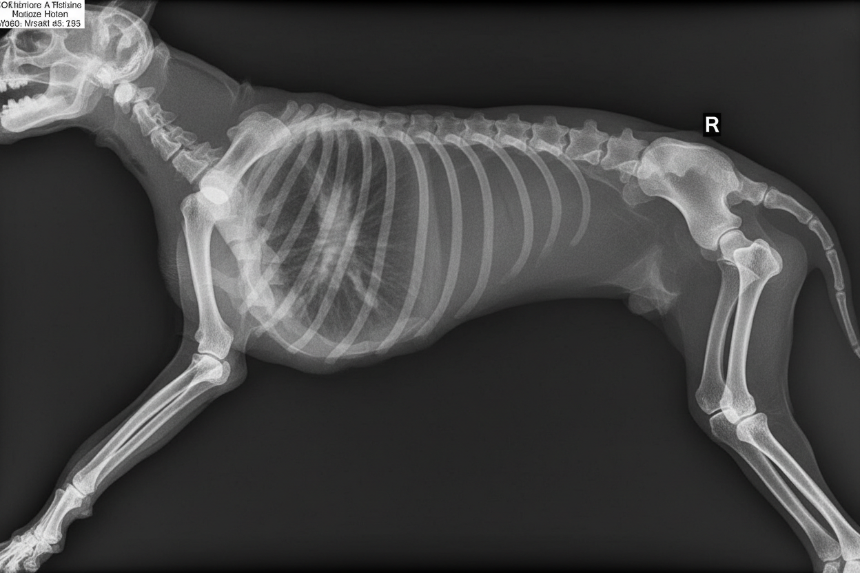 X-ray of a dog's skeletal system on a black background showing a dislocated shoulder